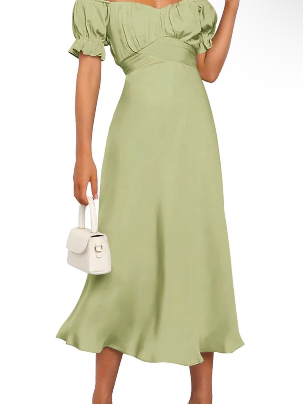 Off-Shoulder Puff Sleeve Midi Dress in Sage Green